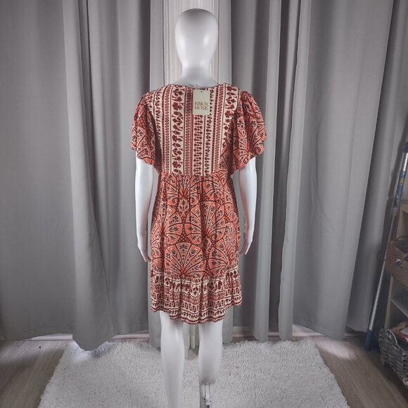 Knox Rose XS Flutter Sleeve Boho Ruffle Dress Orange White NWT Cotton Blend - Picture 4 of 11